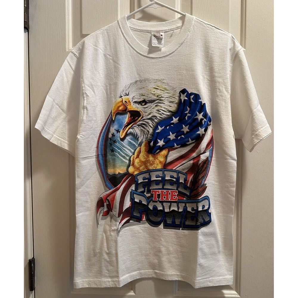 "Feel The Power, The Power Of Freedom" USA American Eagle White T Shirt‎ - L